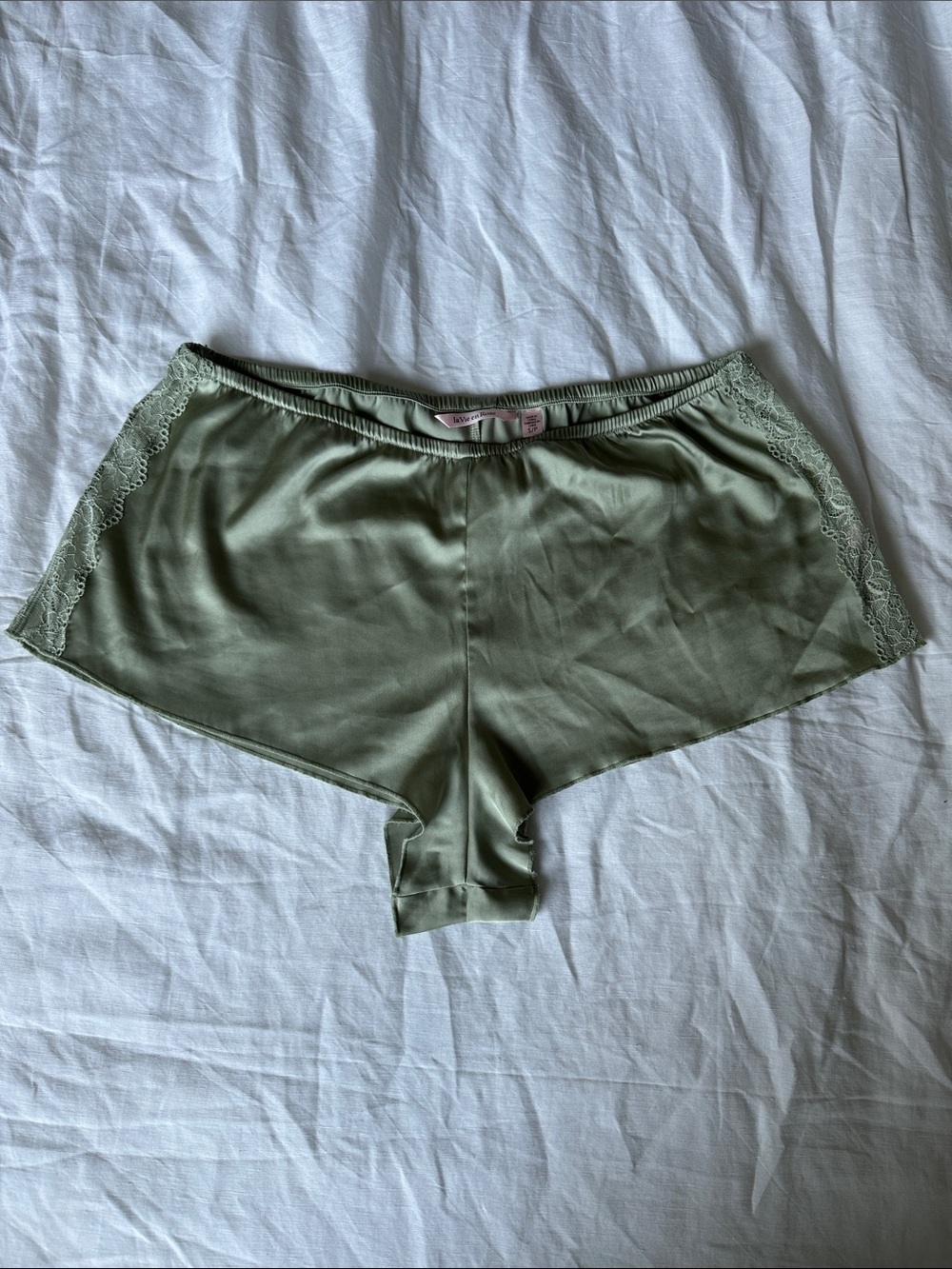 La Vie En Rose Olive Satin Lace-Trim Sleep Shorts